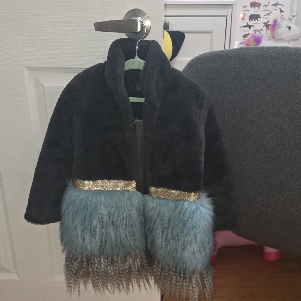 Imoga Black Faux Fur Jacket with Blue-Tone Feather Trim and Gold Band